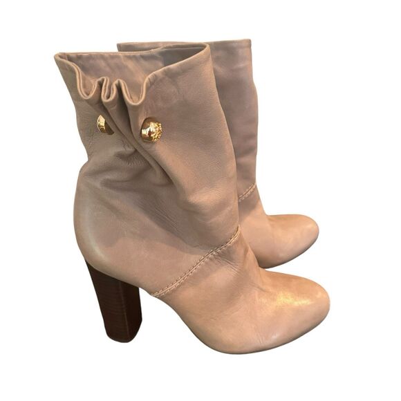 Tory Burch Gray Leather Slouch Ankle Boots High Heel Gold Hardware sz 9 a23